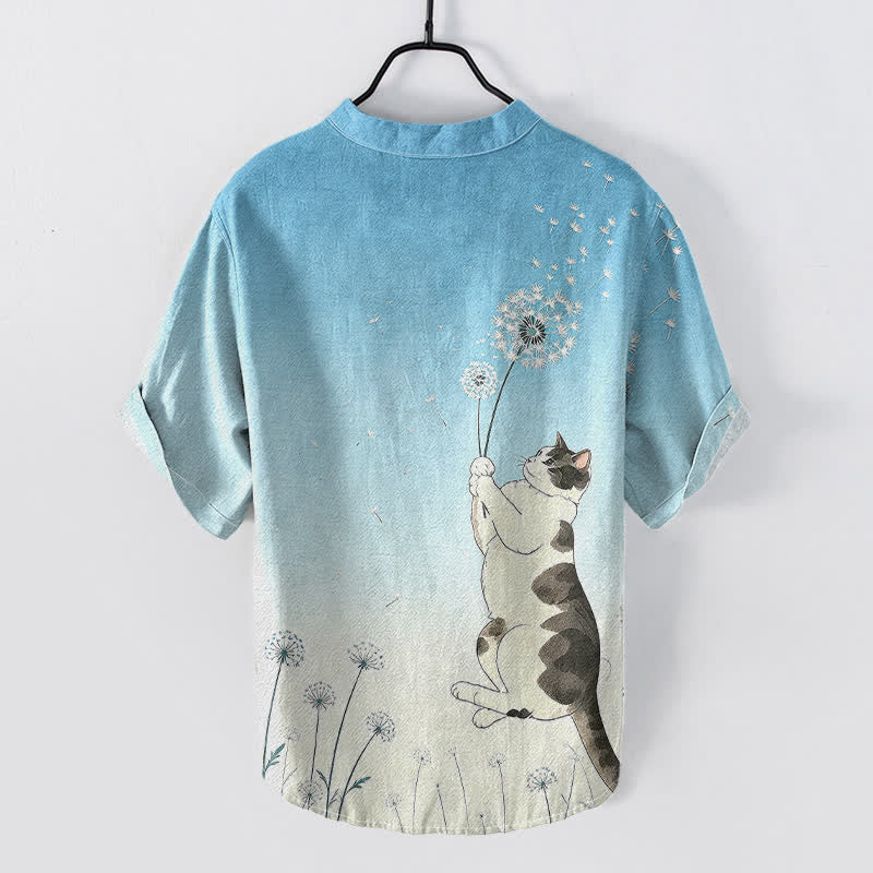 Buddha Stones Cotton Hand Drawn Cat Dandelion Pattern Men's Short Sleeve Half Button Shirt - image 4