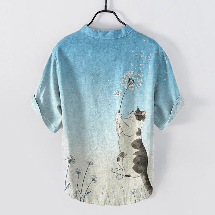 Buddha Stones Cotton Hand Drawn Cat Dandelion Pattern Men's Short Sleeve Half Button Shirt - image 4
