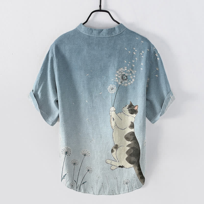 Buddha Stones Cotton Hand Drawn Cat Dandelion Pattern Men's Short Sleeve Half Button Shirt - image 6