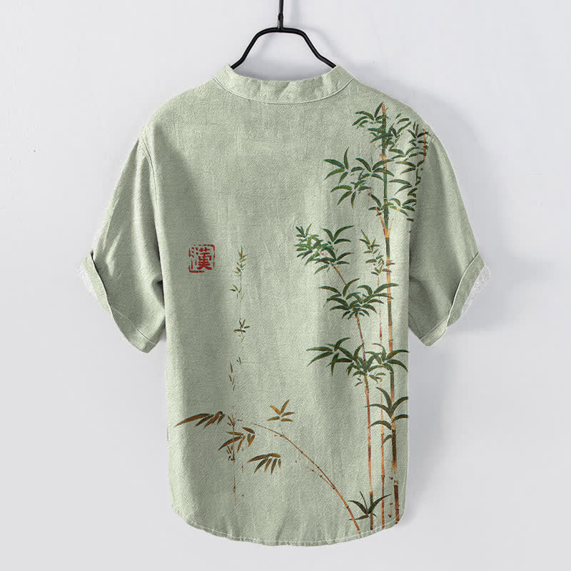Buddha Stones Cotton Bamboo Ink Wash Pattern Men's Short Sleeve Half Button Shirt - image 1