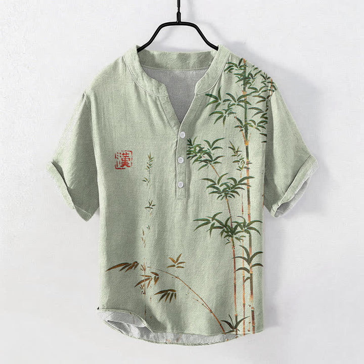 Buddha Stones Cotton Bamboo Ink Wash Pattern Men's Short Sleeve Half Button Shirt - PaleGreen - US/UK/AU50，EU60 (5XL) - image 0