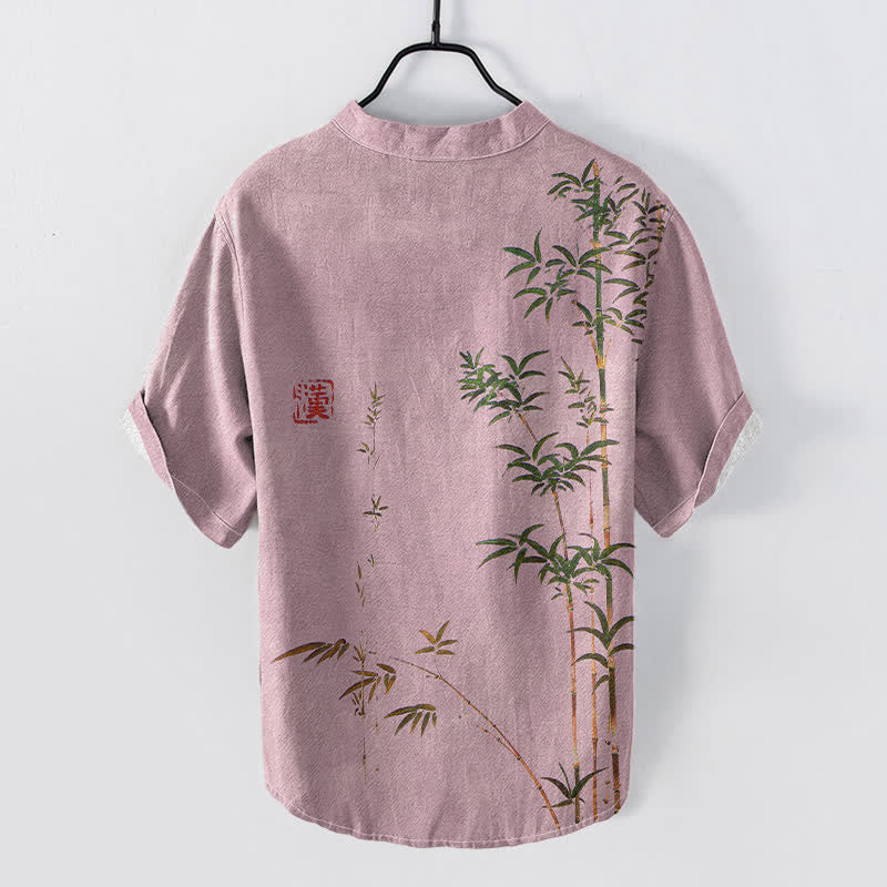 Buddha Stones Cotton Bamboo Ink Wash Pattern Men's Short Sleeve Half Button Shirt - image 4