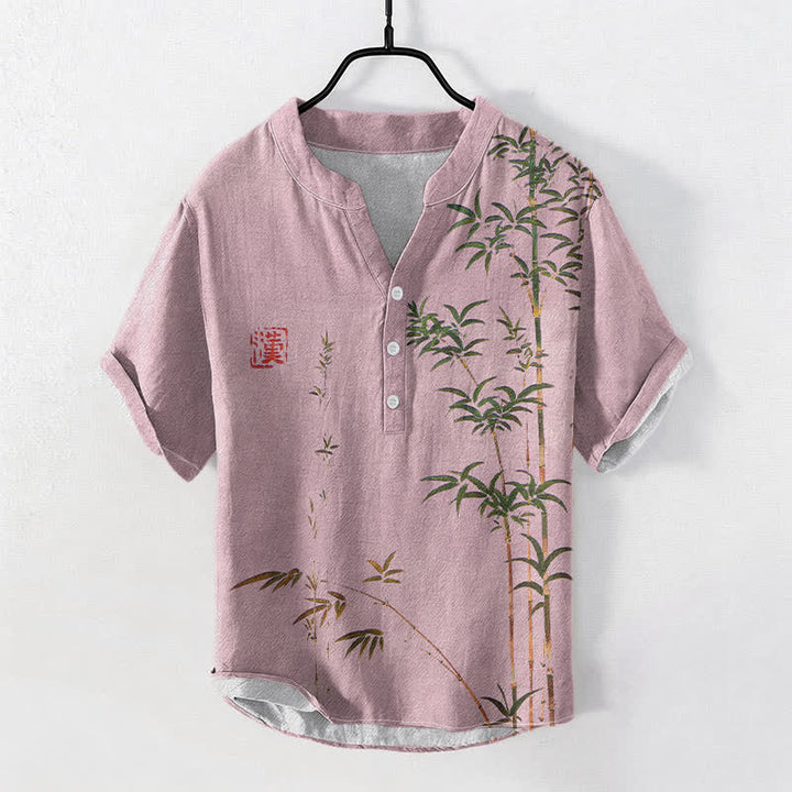 Buddha Stones Cotton Bamboo Ink Wash Pattern Men's Short Sleeve Half Button Shirt - LightPink - US/UK/AU50，EU60 (5XL) - image 3
