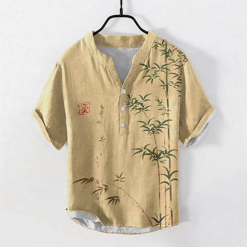 Buddha Stones Cotton Bamboo Ink Wash Pattern Men's Short Sleeve Half Button Shirt - BurlyWood - US/UK/AU50，EU60 (5XL) - image 5