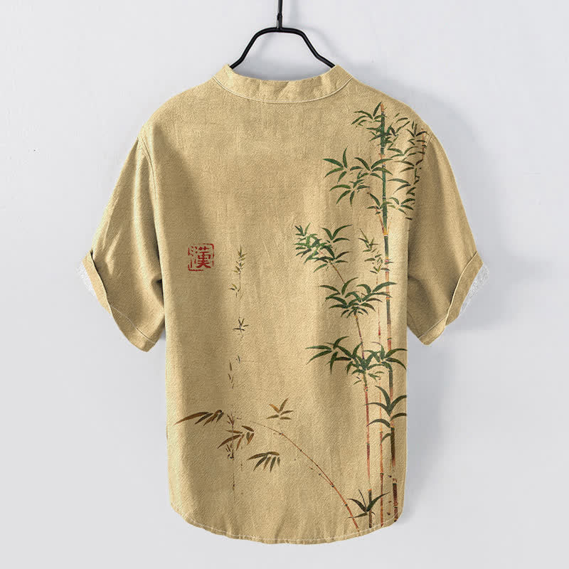 Buddha Stones Cotton Bamboo Ink Wash Pattern Men's Short Sleeve Half Button Shirt - image 6