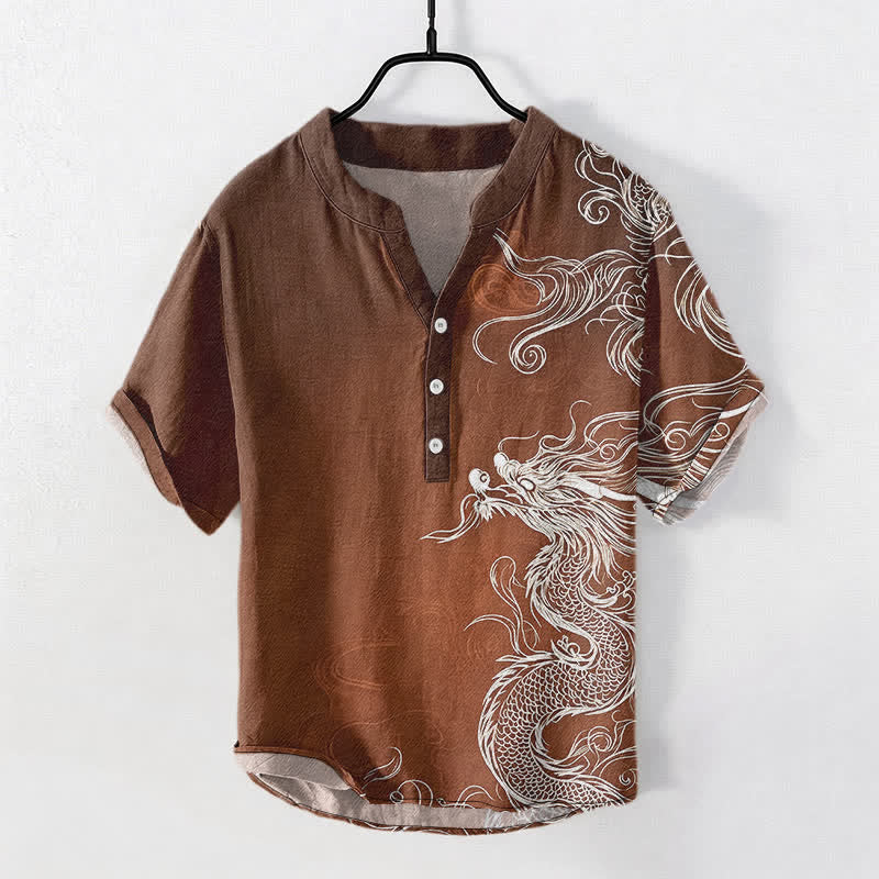 Buddha Stones Cotton Large White Dragon Pattern Men's Short Sleeve Half Button Shirt - SaddleBrown - US/UK/AU50，EU60 (5XL) - image 5