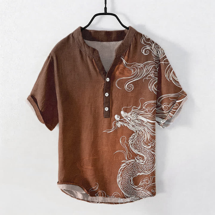 Buddha Stones Cotton Large White Dragon Pattern Men's Short Sleeve Half Button Shirt - SaddleBrown - US/UK/AU50，EU60 (5XL) - image 5