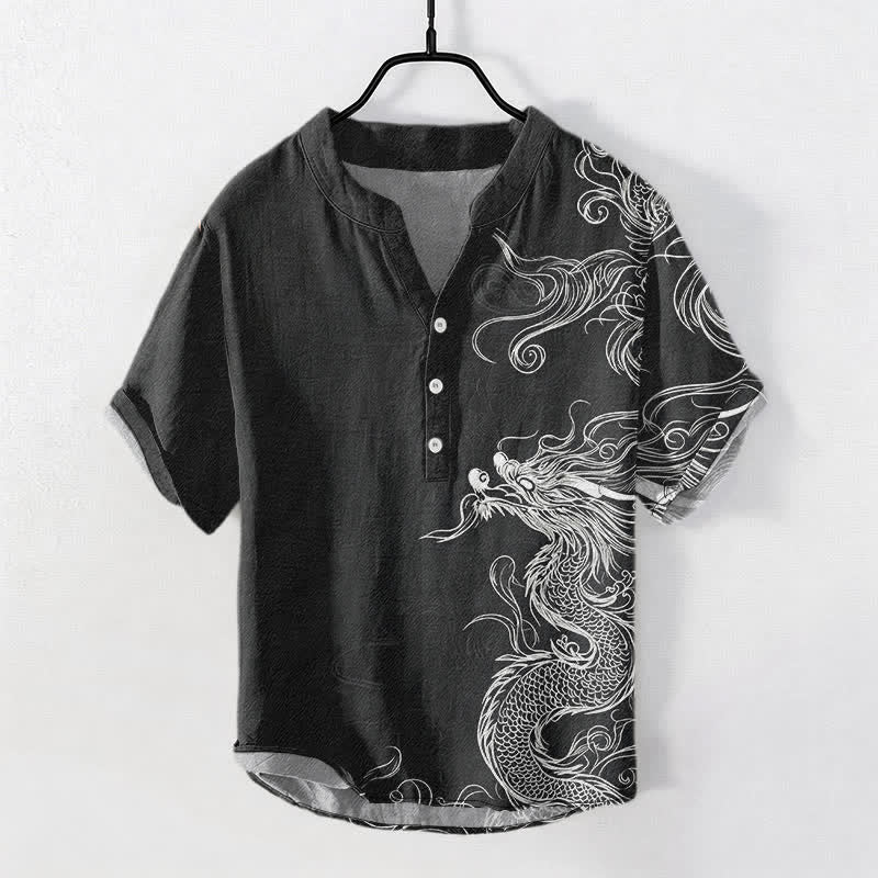 Buddha Stones Cotton Large White Dragon Pattern Men's Short Sleeve Half Button Shirt - Black - US/UK/AU50，EU60 (5XL) - image 7