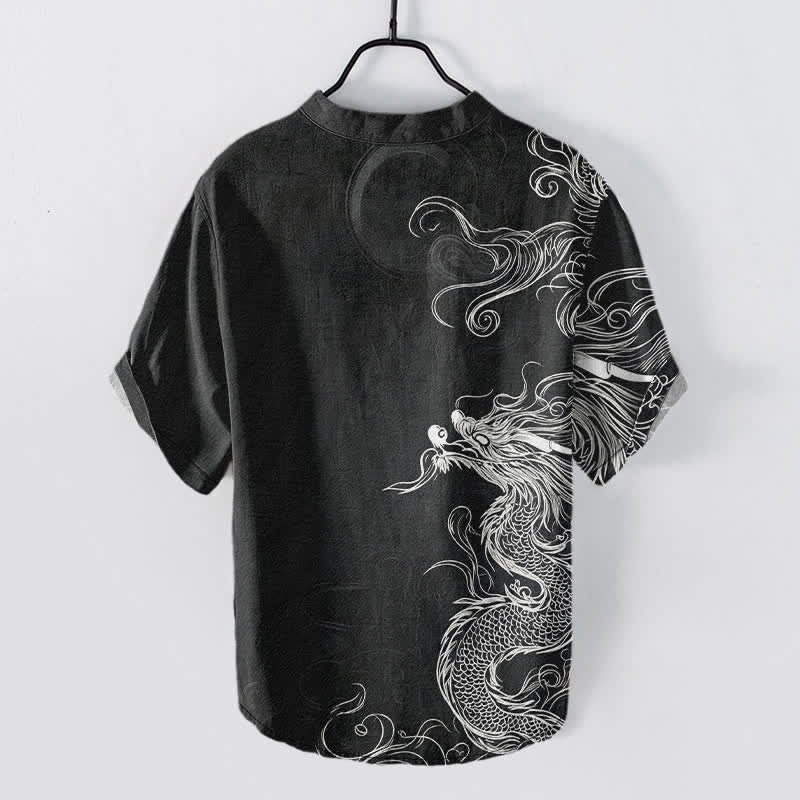 Buddha Stones Cotton Large White Dragon Pattern Men's Short Sleeve Half Button Shirt - image 8