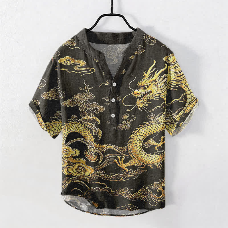 Buddha Stones Cotton Golden Dragon Cloud Pattern Men's Short Sleeve Half Button Shirt - Black - US/UK/AU50，EU60 (5XL) - image 0