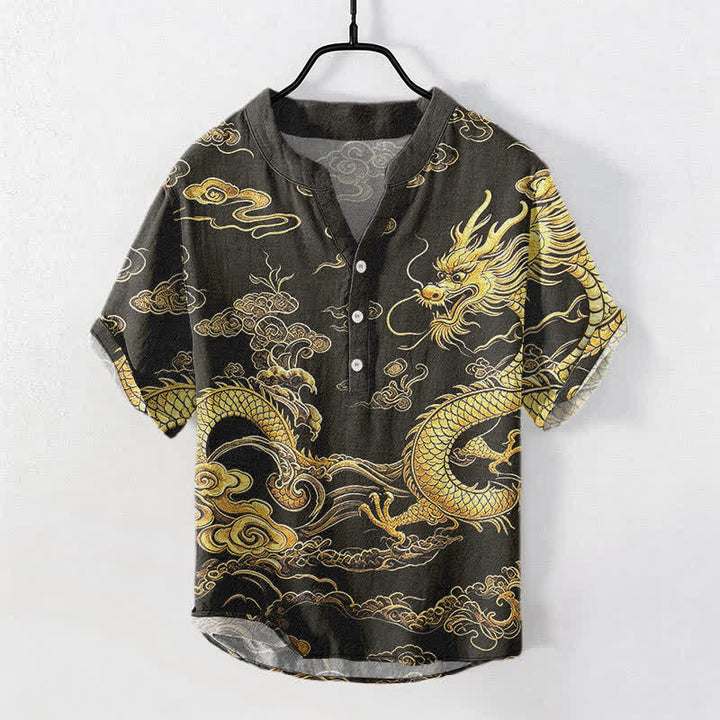 Buddha Stones Cotton Golden Dragon Cloud Pattern Men's Short Sleeve Half Button Shirt - Black - US/UK/AU50，EU60 (5XL) - image 0