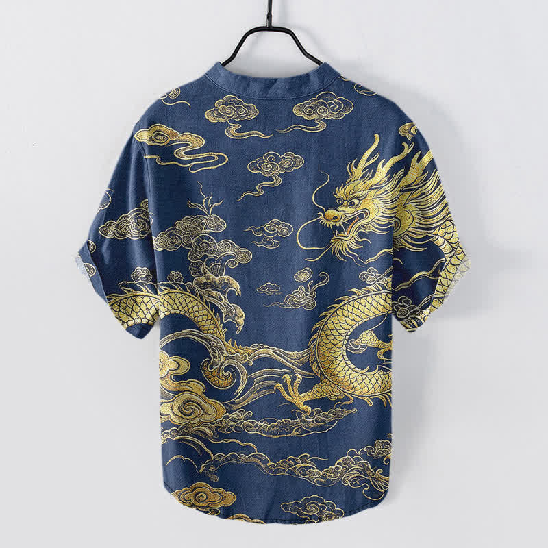 Buddha Stones Cotton Golden Dragon Cloud Pattern Men's Short Sleeve Half Button Shirt - image 6