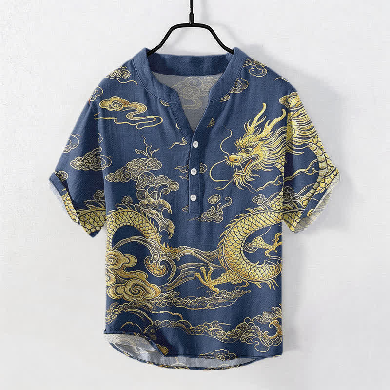 Buddha Stones Cotton Golden Dragon Cloud Pattern Men's Short Sleeve Half Button Shirt - RoyalBlue - US/UK/AU50，EU60 (5XL) - image 5