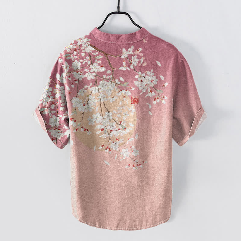 Buddha Stones Pure Cotton Cherry Blossom Watercolor Pattern Men's Short Sleeve Half Button Shirt - image 1
