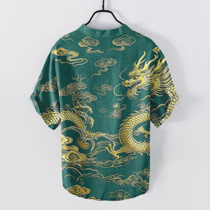 Buddha Stones Cotton Golden Dragon Cloud Pattern Men's Short Sleeve Half Button Shirt - image 8