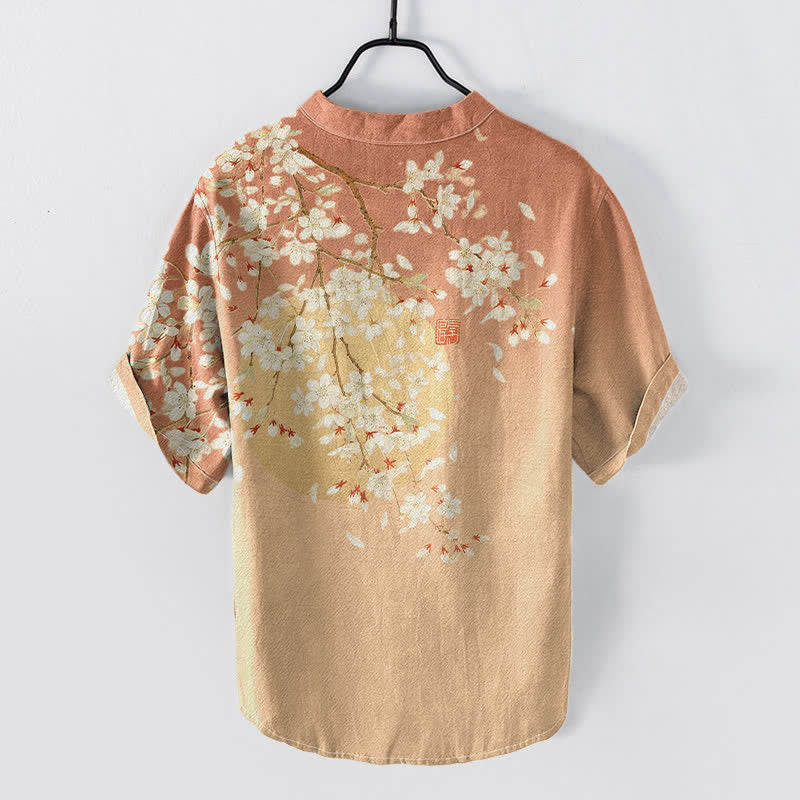 Buddha Stones Pure Cotton Cherry Blossom Watercolor Pattern Men's Short Sleeve Half Button Shirt - image 6
