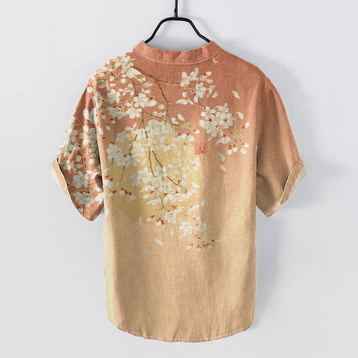 Buddha Stones Pure Cotton Cherry Blossom Watercolor Pattern Men's Short Sleeve Half Button Shirt - image 6