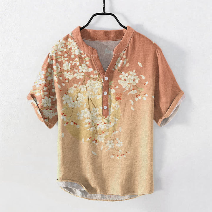 Buddha Stones Pure Cotton Cherry Blossom Watercolor Pattern Men's Short Sleeve Half Button Shirt - SandyBrown - US/UK/AU50，EU60 (5XL) - image 5
