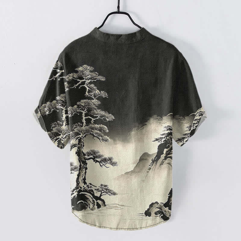 Buddha Stones Cotton Ink Wash Landscape Pattern Men's Short Sleeve Half Button Shirt - image 1