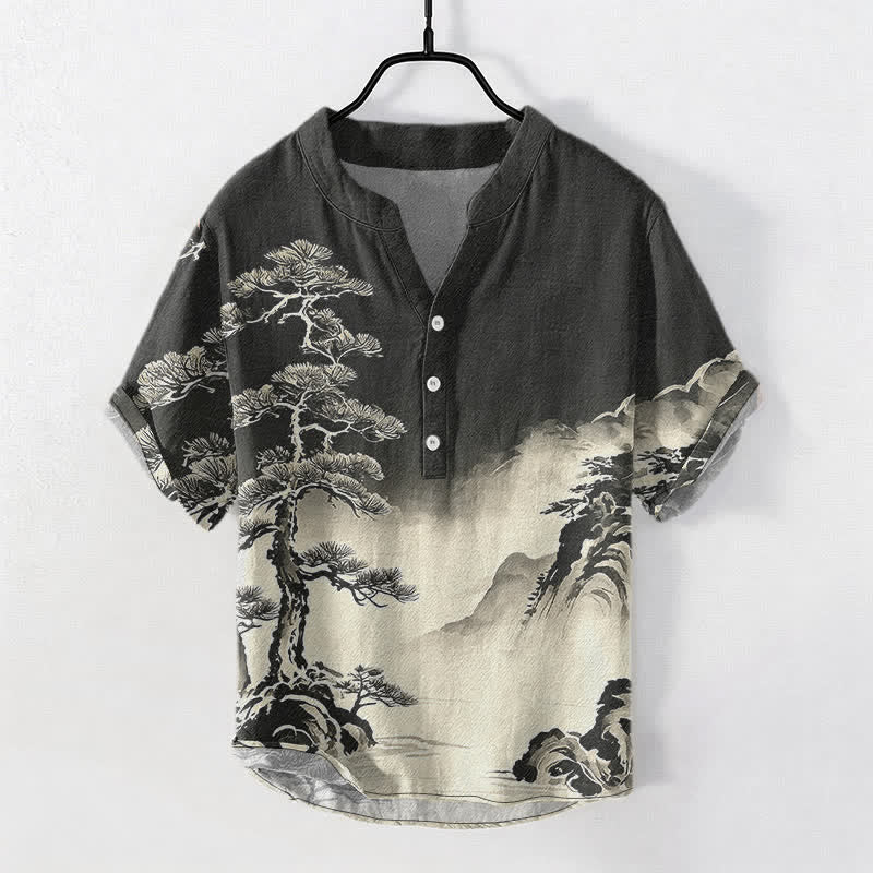Buddha Stones Cotton Ink Wash Landscape Pattern Men's Short Sleeve Half Button Shirt - Black - US/UK/AU50，EU60 (5XL) - image 0