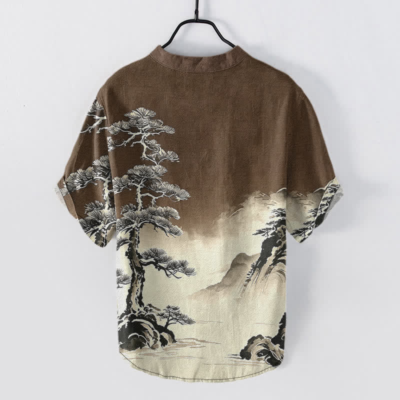 Buddha Stones Cotton Ink Wash Landscape Pattern Men's Short Sleeve Half Button Shirt - SaddleBrown - US/UK/AU50，EU60 (5XL) - image 8