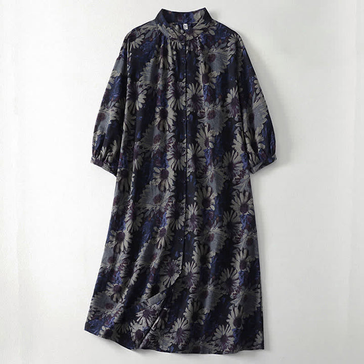 Buddha Stones Spring Vintage Mandarin Collar Button-Up Floral Print Women's Elbow-Length Sleeve Dress With Pockets - MidnightBlue - US12，UK/AU16，EU44 (2XL) - image 0