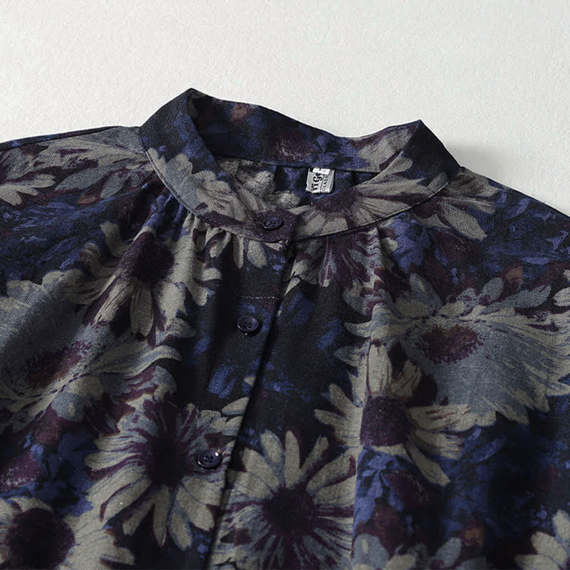 Buddha Stones Spring Vintage Mandarin Collar Button-Up Floral Print Women's Elbow-Length Sleeve Dress With Pockets - image 2