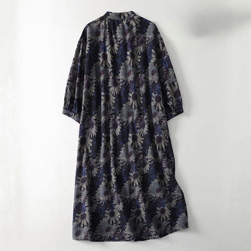 Buddha Stones Spring Vintage Mandarin Collar Button-Up Floral Print Women's Elbow-Length Sleeve Dress With Pockets - image 1
