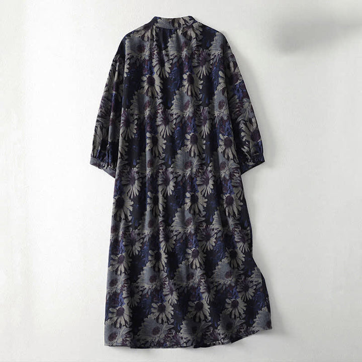Buddha Stones Spring Vintage Mandarin Collar Button-Up Floral Print Women's Elbow-Length Sleeve Dress With Pockets - image 1