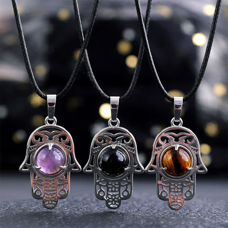 Buddha Stones Natural Black Obsidian Hamsa Palm Inlay Crystal Strength Necklace - image 0