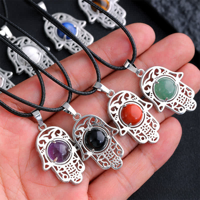 Buddha Stones Natural Black Obsidian Hamsa Palm Inlay Crystal Strength Necklace - image 23