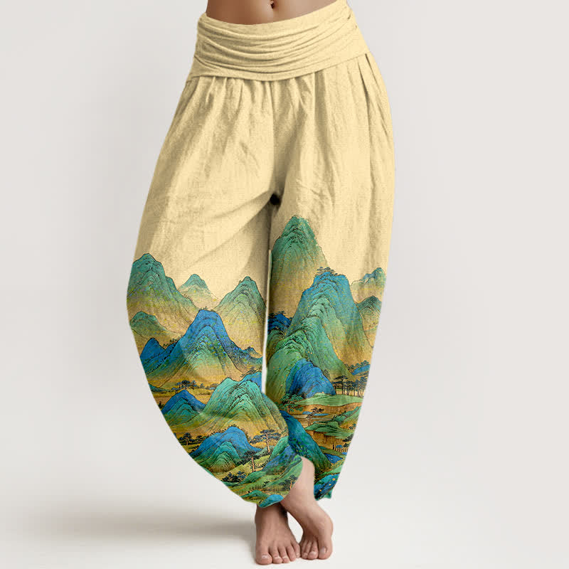Buddha Stones Pure Cotton Blue Green Mountain Landscape Pattern Women's Elastic Waist Harem Pants - LemonChiffon - US16，UK/AU20，EU48 (3XL) - image 5