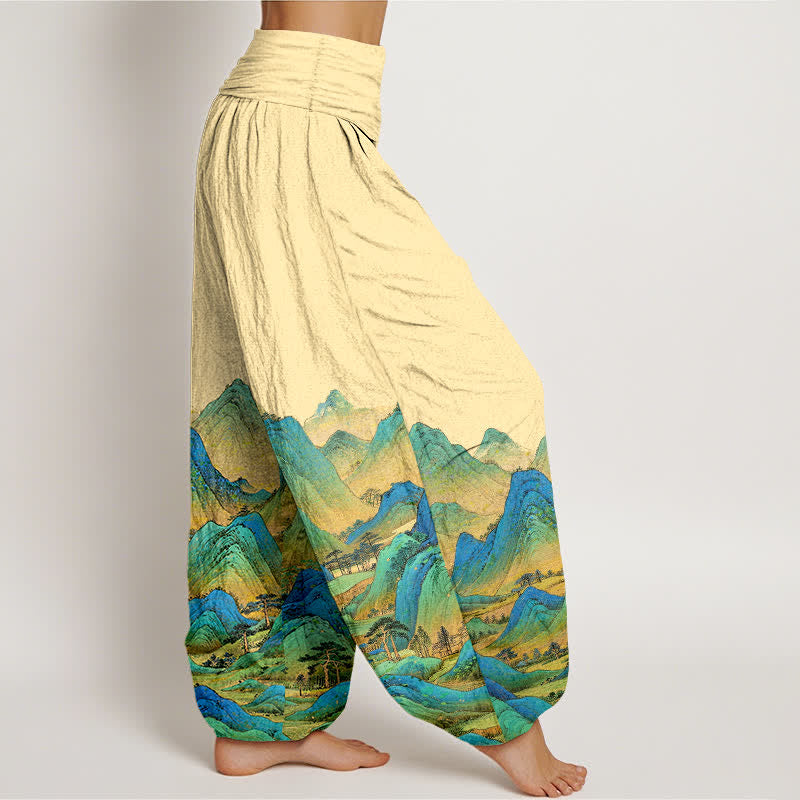 Buddha Stones Pure Cotton Blue Green Mountain Landscape Pattern Women's Elastic Waist Harem Pants - image 7