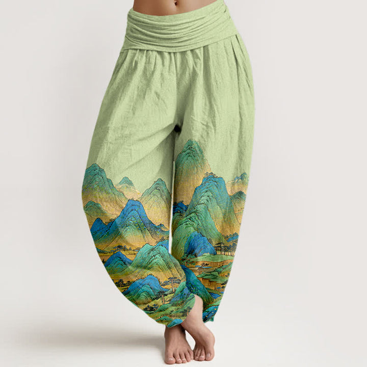 Buddha Stones Pure Cotton Blue Green Mountain Landscape Pattern Women's Elastic Waist Harem Pants - LightGreen - US16，UK/AU20，EU48 (3XL) - image 8