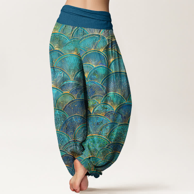 Buddha Stones Pure Cotton Turquoise Fan Pattern Women's Elastic Waist Harem Pants - image 1