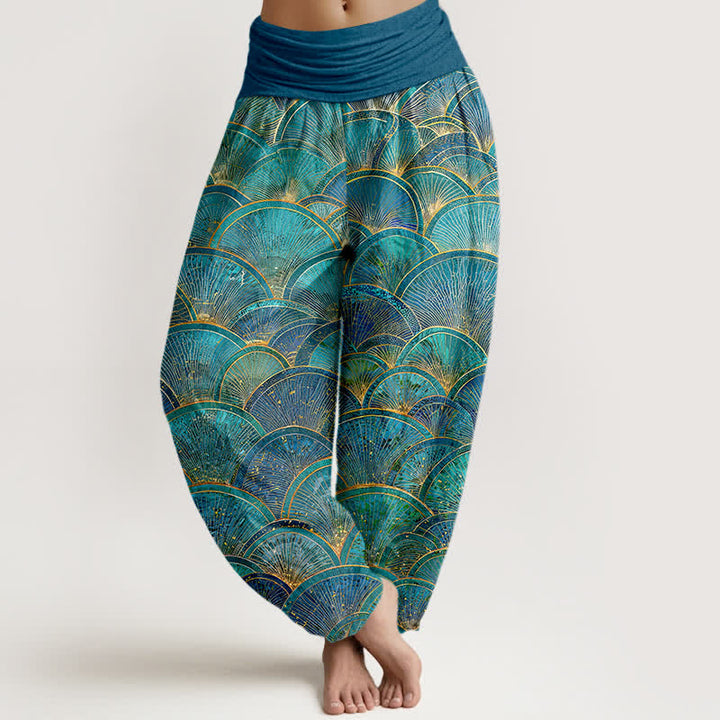 Buddha Stones Pure Cotton Turquoise Fan Pattern Women's Elastic Waist Harem Pants - Turquoise - US16，UK/AU20，EU48 (3XL) - image 0