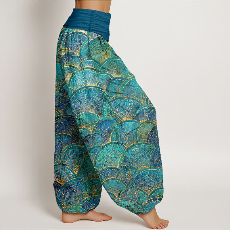 Buddha Stones Pure Cotton Turquoise Fan Pattern Women's Elastic Waist Harem Pants - image 2