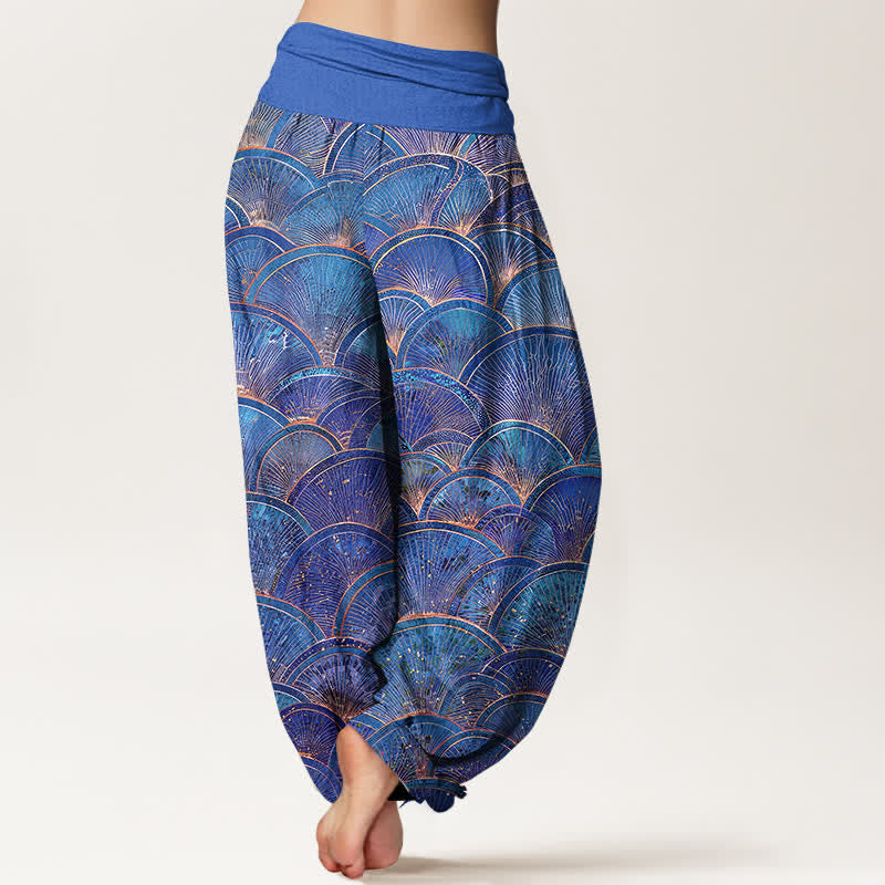 Buddha Stones Pure Cotton Turquoise Fan Pattern Women's Elastic Waist Harem Pants - image 9
