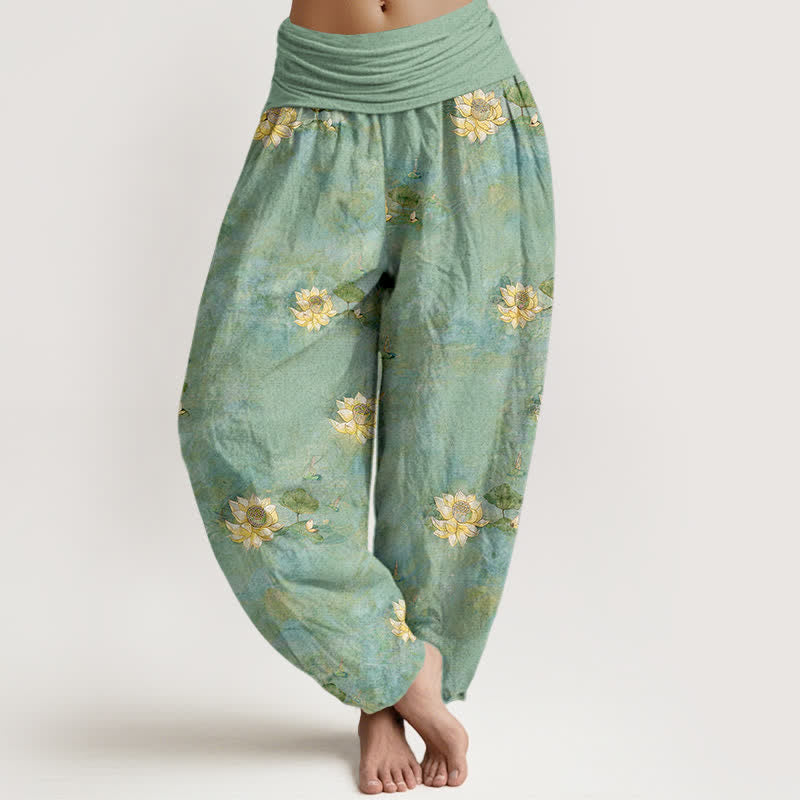 Buddha Stones Cotton Yellow Lotus Scatter Pattern Women's Elastic Waist Harem Pants - MediumAquamarine - US16，UK/AU20，EU48 (3XL) - image 0