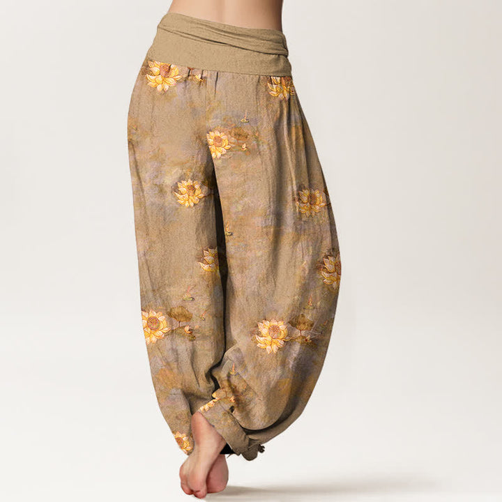 Buddha Stones Cotton Yellow Lotus Scatter Pattern Women's Elastic Waist Harem Pants - image 9