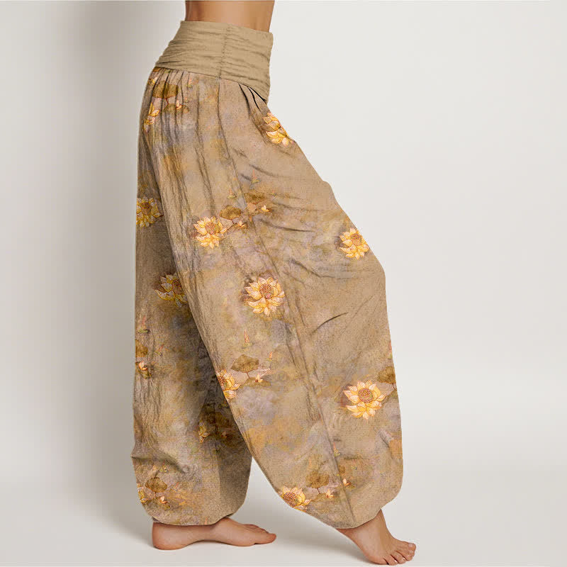 Buddha Stones Cotton Yellow Lotus Scatter Pattern Women's Elastic Waist Harem Pants - image 10