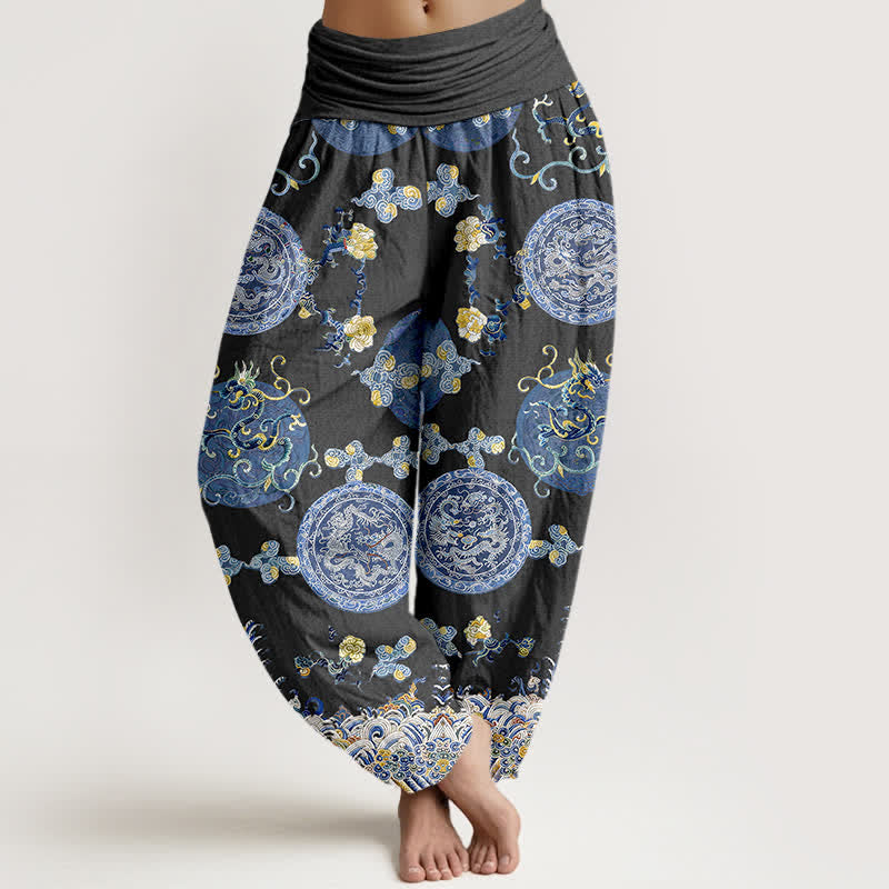 Buddha Stones Cotton Indigo Medallion Dragon Pattern Women's Elastic Waist Harem Pants - Black - US16，UK/AU20，EU48 (3XL) - image 0