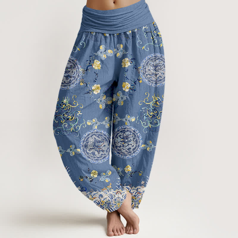 Buddha Stones Cotton Indigo Medallion Dragon Pattern Women's Elastic Waist Harem Pants - SteelBlue - US16，UK/AU20，EU48 (3XL) - image 5