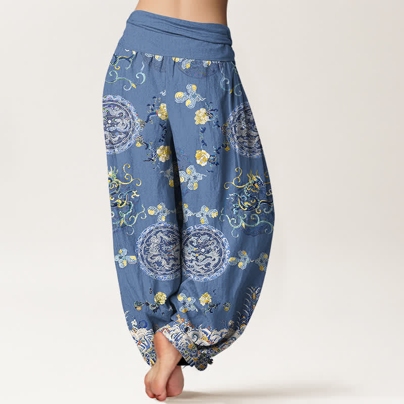 Buddha Stones Cotton Indigo Medallion Dragon Pattern Women's Elastic Waist Harem Pants - image 6