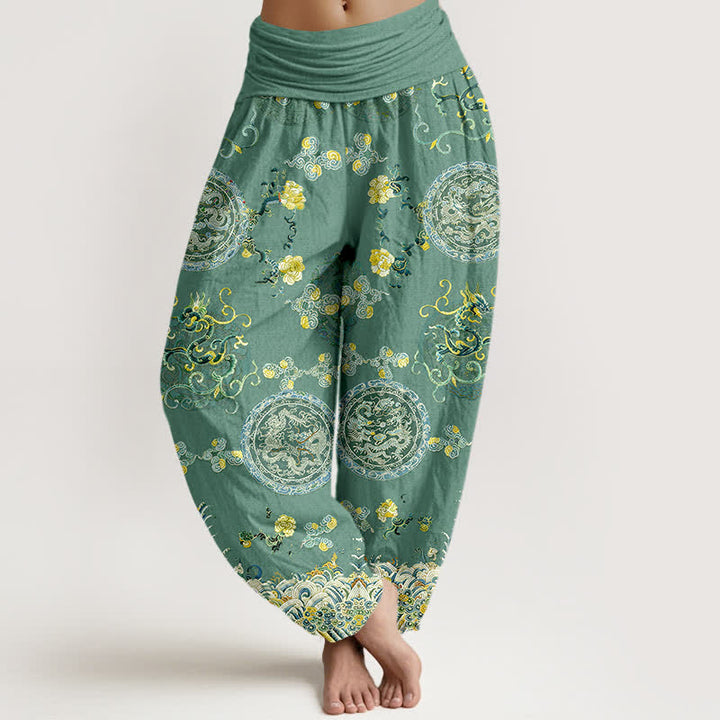 Buddha Stones Cotton Indigo Medallion Dragon Pattern Women's Elastic Waist Harem Pants - MediumSeaGreen - US16，UK/AU20，EU48 (3XL) - image 8