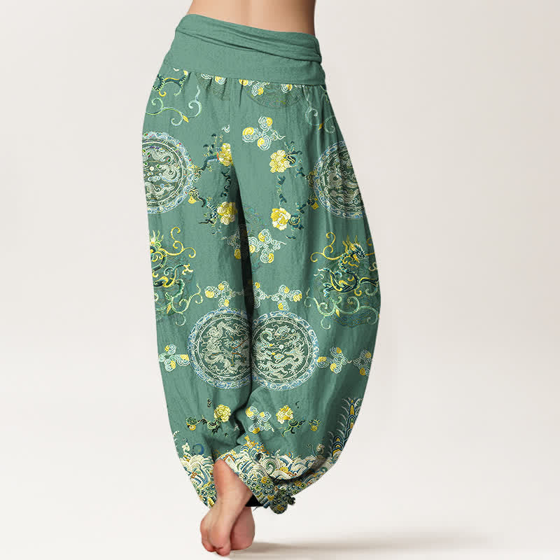 Buddha Stones Cotton Indigo Medallion Dragon Pattern Women's Elastic Waist Harem Pants - image 9