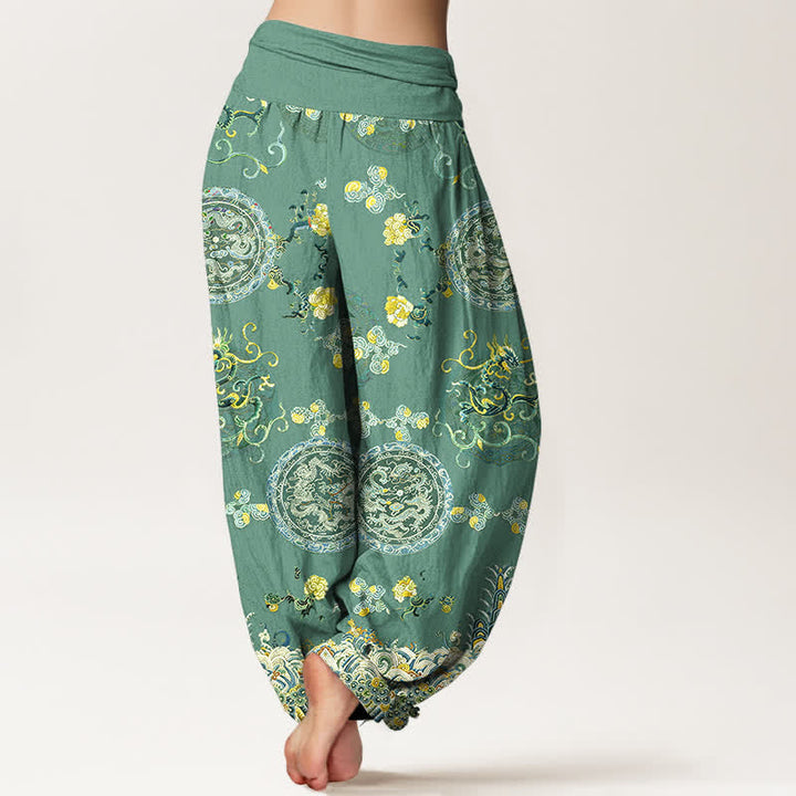 Buddha Stones Cotton Indigo Medallion Dragon Pattern Women's Elastic Waist Harem Pants - image 9