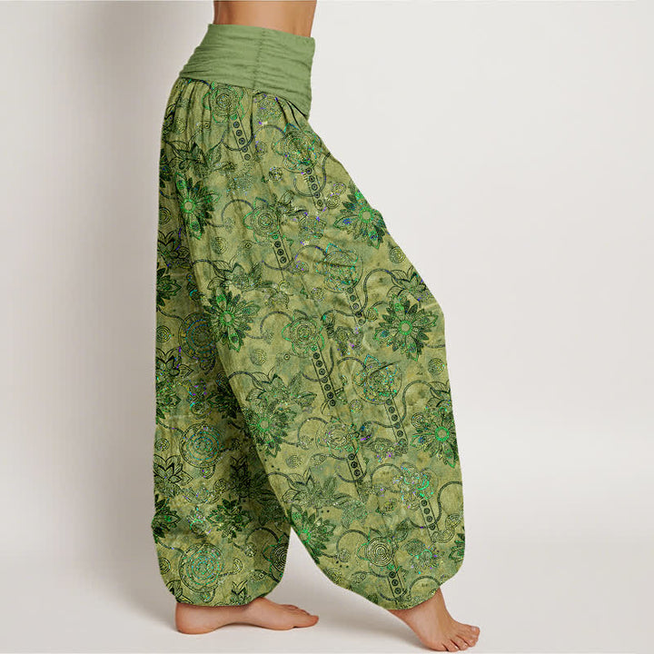 Buddha Stones Pure Cotton Olive Boho Floral Diamond Pattern Women's Elastic Waist Harem Pants - image 2