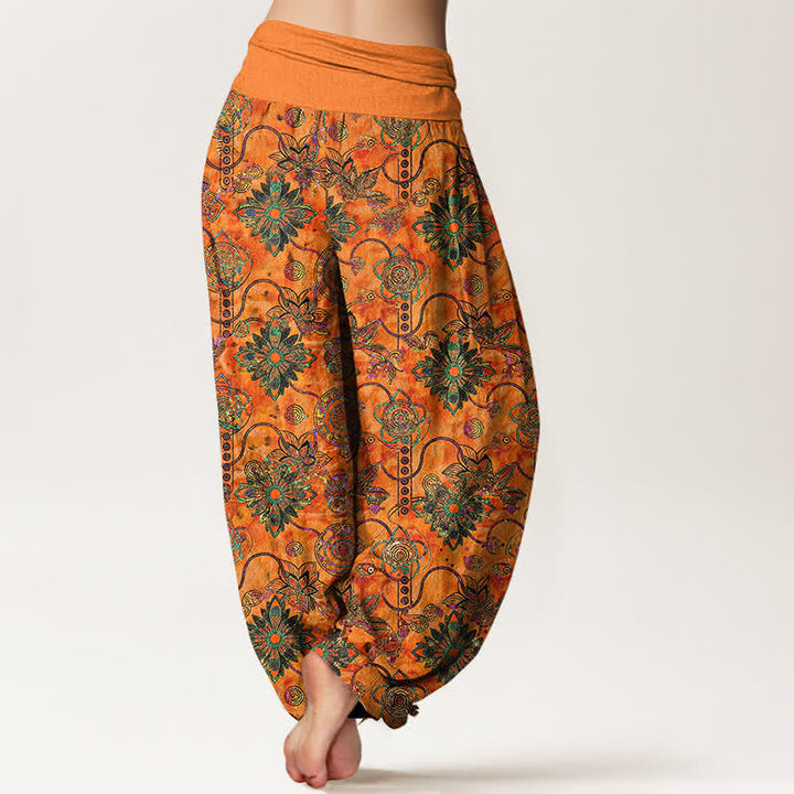 Buddha Stones Pure Cotton Olive Boho Floral Diamond Pattern Women's Elastic Waist Harem Pants - image 6