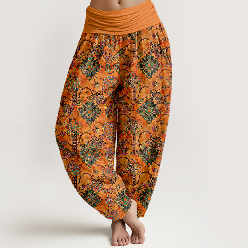 Buddha Stones Pure Cotton Olive Boho Floral Diamond Pattern Women's Elastic Waist Harem Pants - Orange - US16，UK/AU20，EU48 (3XL) - image 5